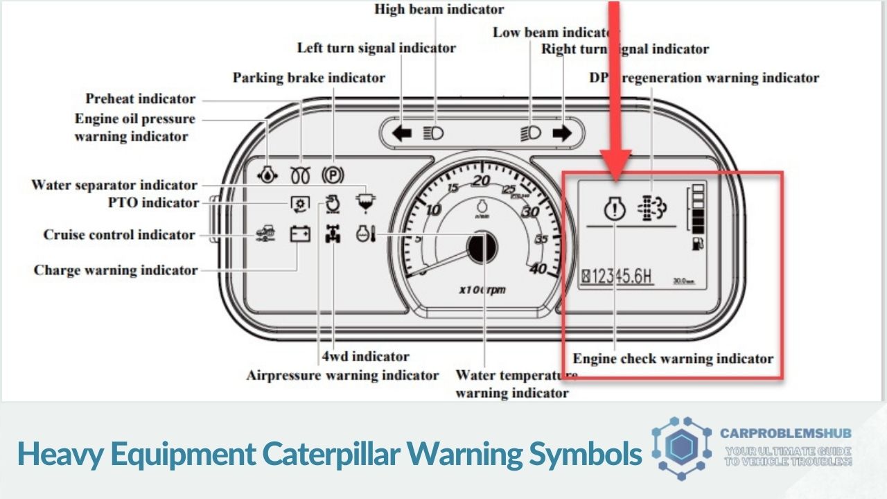 A visual guide showcasing various warning symbols found on Caterpillar heavy equipment.