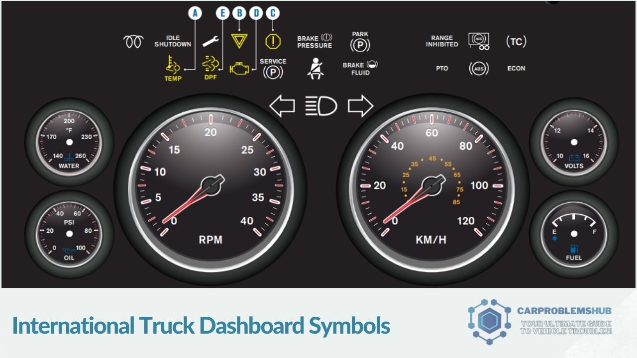 A visual guide highlighting various symbols and indicators found on an International truck dashboard.