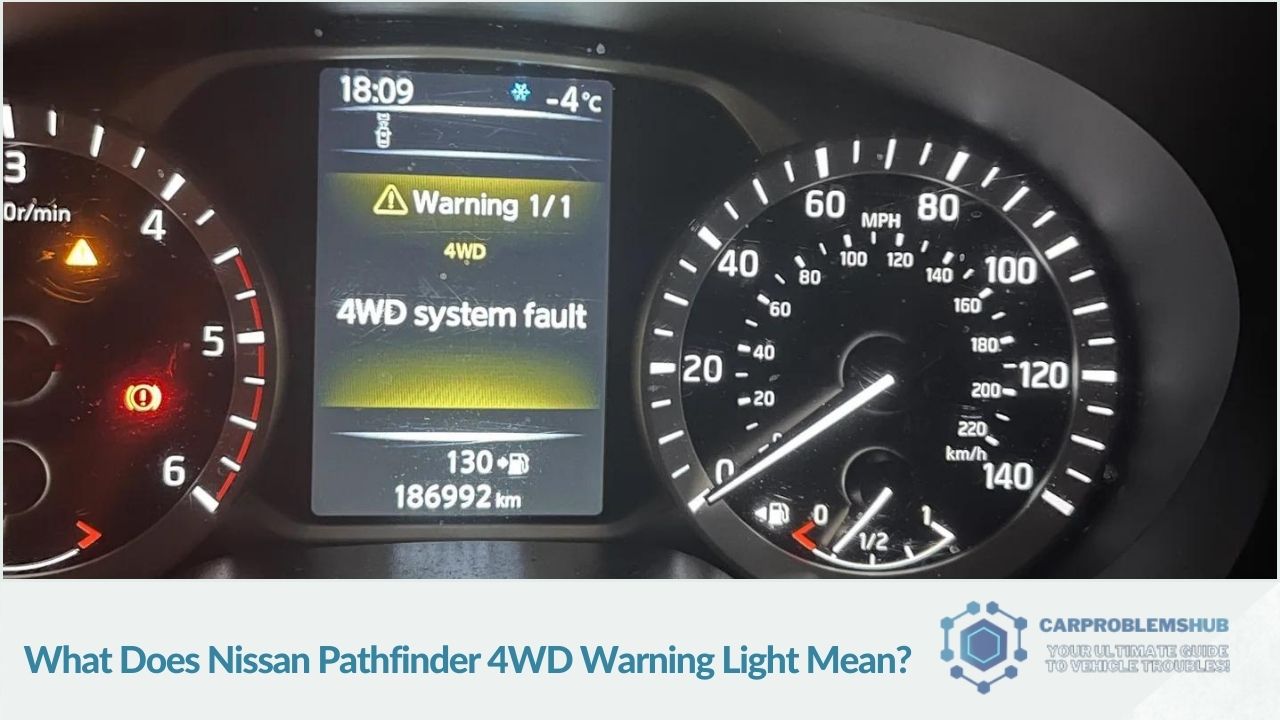 This warning light signifies a malfunction or operational note within the Pathfinder's 4WD system, requiring attention.